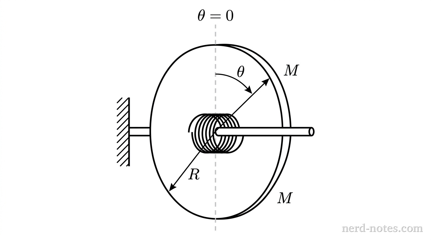 A circular disk of radius R shown in perspective, mounted on a central horizontal axle aligned with its symmetry axis. The disk has mass M indicated by a label M near the outer edge. A coiled spiral torsion spring is wrapped coaxially around the axle at the center of the disk, with one end attached to a fixed vertical support and the other attached to the disk. A curved reference arrow indicates the angular displacement \theta from a vertical reference dashed line labeled \theta = 0. No other labels, lines, text, or axes appear.