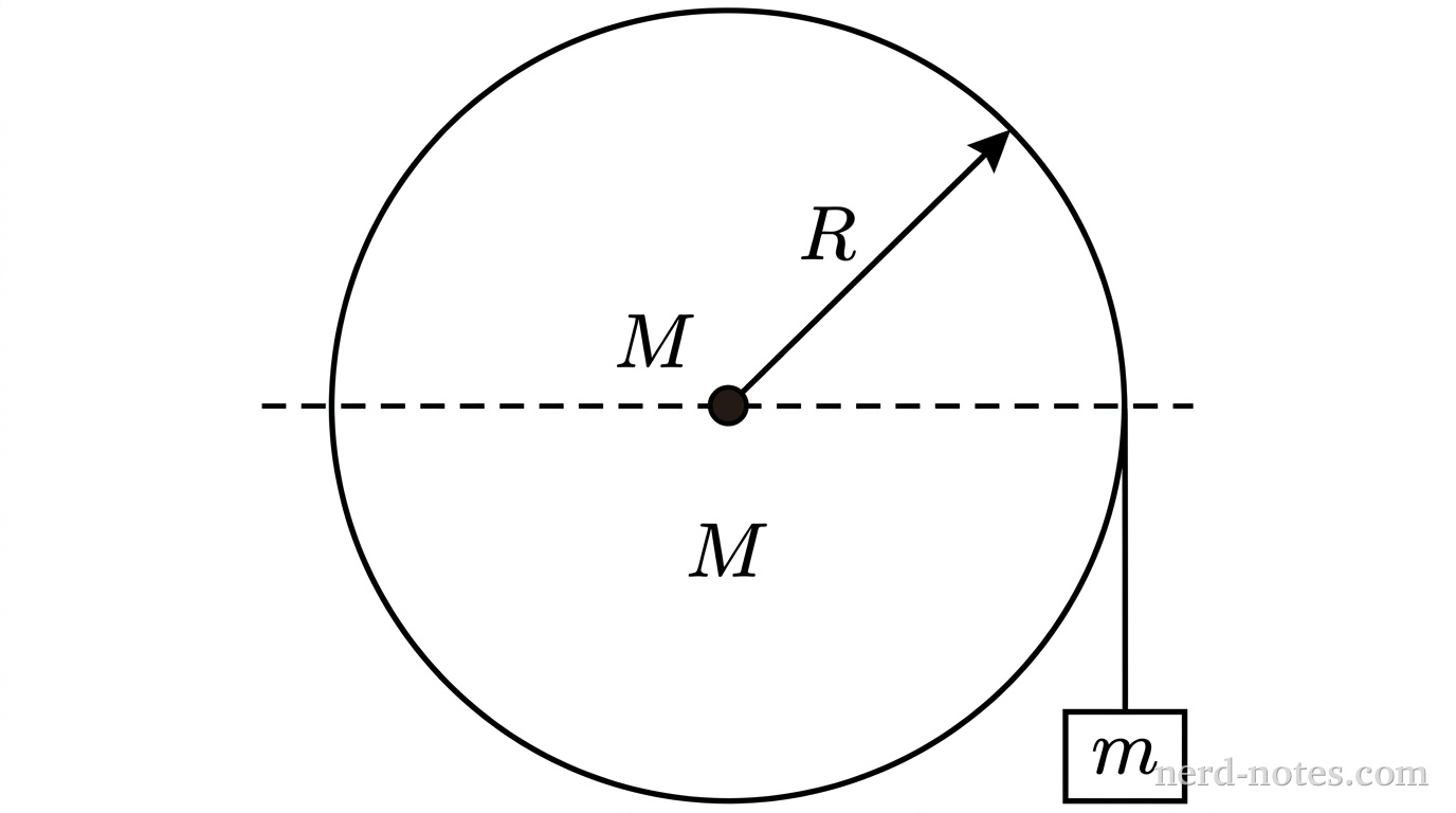 A schematic diagram showing a solid circular disk of radius \(R\) mounted on a central horizontal axle, viewed from the side. The disk is centered in the upper-left region of the frame, with a small central dark circle indicating the axle. A thin vertical line representing a light cord extends tangentially downward from the rightmost edge of the disk. At the lower end of the cord hangs a small rectangular block labeled \(m\). The disk is labeled \(M\) near its center. A horizontal dashed line indicates the fixed axle support. No other labels, lines, text, or axes appear.