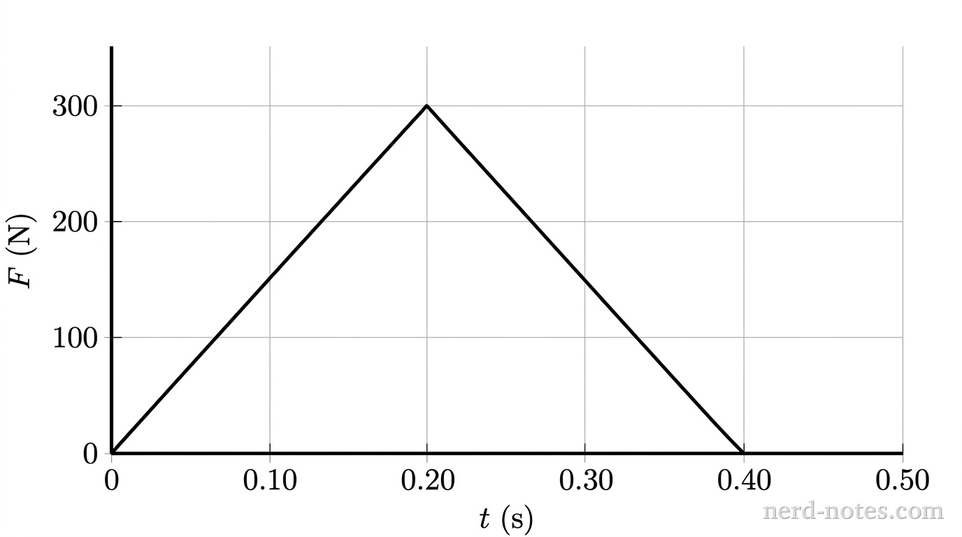 A Cartesian graph with a horizontal axis labeled \(t\text{ (s)}\) and a vertical axis labeled \(F\text{ (N)}\). Light grayscale gridlines extend across the plot. The horizontal axis extends from \(0\) to \(0.50\) with major tick marks and numerical labels at \(0\), \(0.10\), \(0.20\), \(0.30\), \(0.40\), and \(0.50\). The vertical axis extends from \(0\) to \(350\) with major tick marks and numerical labels at \(0\), \(100\), \(200\), and \(300\). A single solid line begins at the origin \((0, 0)\), rises linearly to a sharp peak at \((0.20, 300)\), and falls linearly to touch the horizontal axis at \((0.40, 0)\). The line remains along the horizontal axis at zero from \(t = 0.40\) to \(t = 0.50\). No other labels, lines, text, or curves appear.