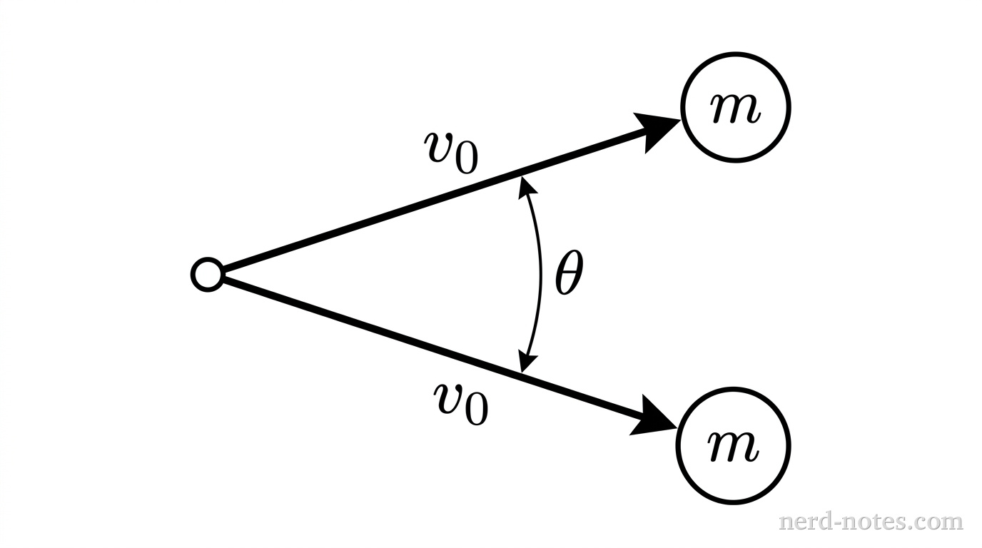A top-down schematic view showing two fragments moving away from a detonation point on a horizontal plane. A small open circle marks the initial detonation location. From the open circle, exactly two solid arrows of equal length extend outward into the right half-plane: one arrow points toward the upper right and terminates at a solid circular disk labeled m, with the arrow labeled v_0; the second arrow points toward the lower right and terminates at an identical solid circular disk labeled m, with the arrow labeled v_0. A curved double-ended arc spans between the two arrows and is labeled \theta. No other labels, lines, text, or axes appear.