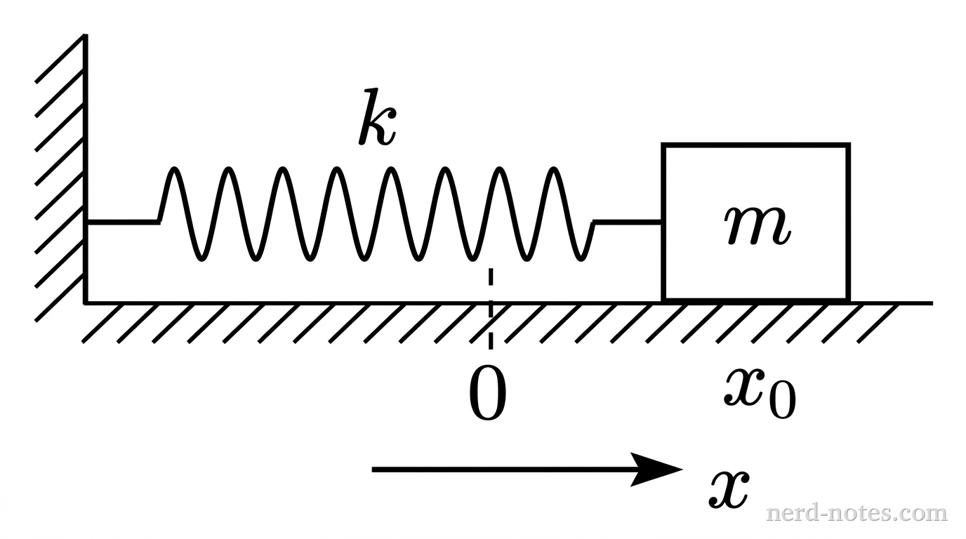 A schematic drawing of a horizontal mass-spring oscillator. On the left is a vertical wall represented by a vertical line with diagonal hatch marks behind it to the left. An ideal horizontal spring extends to the right from the wall and connects to the left face of a rectangular block labeled m. The block rests on a straight horizontal surface with diagonal hatch marks beneath it to indicate friction. A label k sits directly above the middle of the spring. Below the surface, an arrow labeled x points horizontally to the right, showing the positive coordinate direction. A dashed vertical tick mark on the surface marks the equilibrium position labeled 0. The block is shown displaced to the right of equilibrium at position x_0. No other labels, lines, text, or axes appear.
