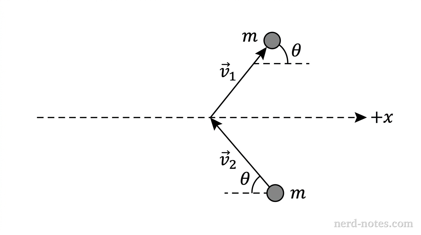 A two-dimensional Cartesian plane showing the positive x-axis as a horizontal dashed line directed to the right, labeled +x. Two small solid gray circles of identical size represent particles of mass m. The upper particle is located in the first quadrant with an arrow extending from its center toward the origin, labeled \vec{v}_1; a small curved arc indicates the angle \theta between the velocity vector and a horizontal dashed reference line. The lower particle is located symmetrically in the fourth quadrant with an arrow extending from its center toward the origin, labeled \vec{v}_2; a small curved arc indicates the angle \theta between this vector and a horizontal dashed reference line. Both arrows terminate at the origin where the collision occurs. No other labels, lines, text, or axes appear.