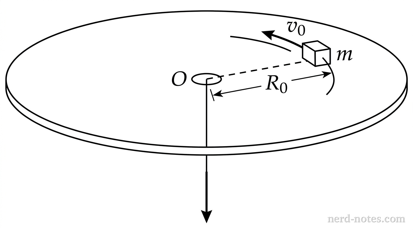 A perspective view of a flat, horizontal circular tabletop. At the center of the tabletop is a small circular hole labeled O. A small block of mass \(m\) rests on the frictionless surface at a radial distance \(R_0\) from the hole. An ideal string extends along the radius from the block to the hole O and passes vertically downward through the hole beneath the table. A curved arrow along the circular trajectory of the block indicates an initial tangential velocity \(v_0\). Below the tabletop, a straight downward vertical arrow on the hanging portion of the string indicates that the string is pulled downward. No other labels, lines, text, or axes appear.