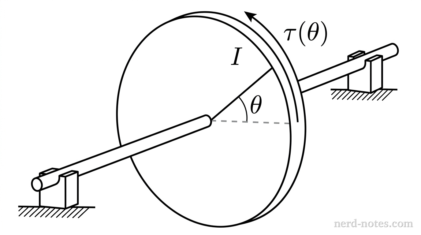 A perspective view of a circular disk of uniform thickness mounted vertically on a horizontal central axle. The central axle is represented by a thin cylinder passing perpendicularly through the center of the circular face of the disk and supported at its ends by two small rectangular stands. The disk is labeled with rotational inertia \(I\). A curved arrow is drawn along the outer circumference of the disk indicating the direction of angular acceleration, labeled \(\tau(\theta)\). A horizontal dashed line extends radially from the center of the disk to its rim, and a solid radial line extends from the center at an angle above the dashed line, with the arc between them labeled \(\theta\). No other labels, lines, text, or axes appear.
