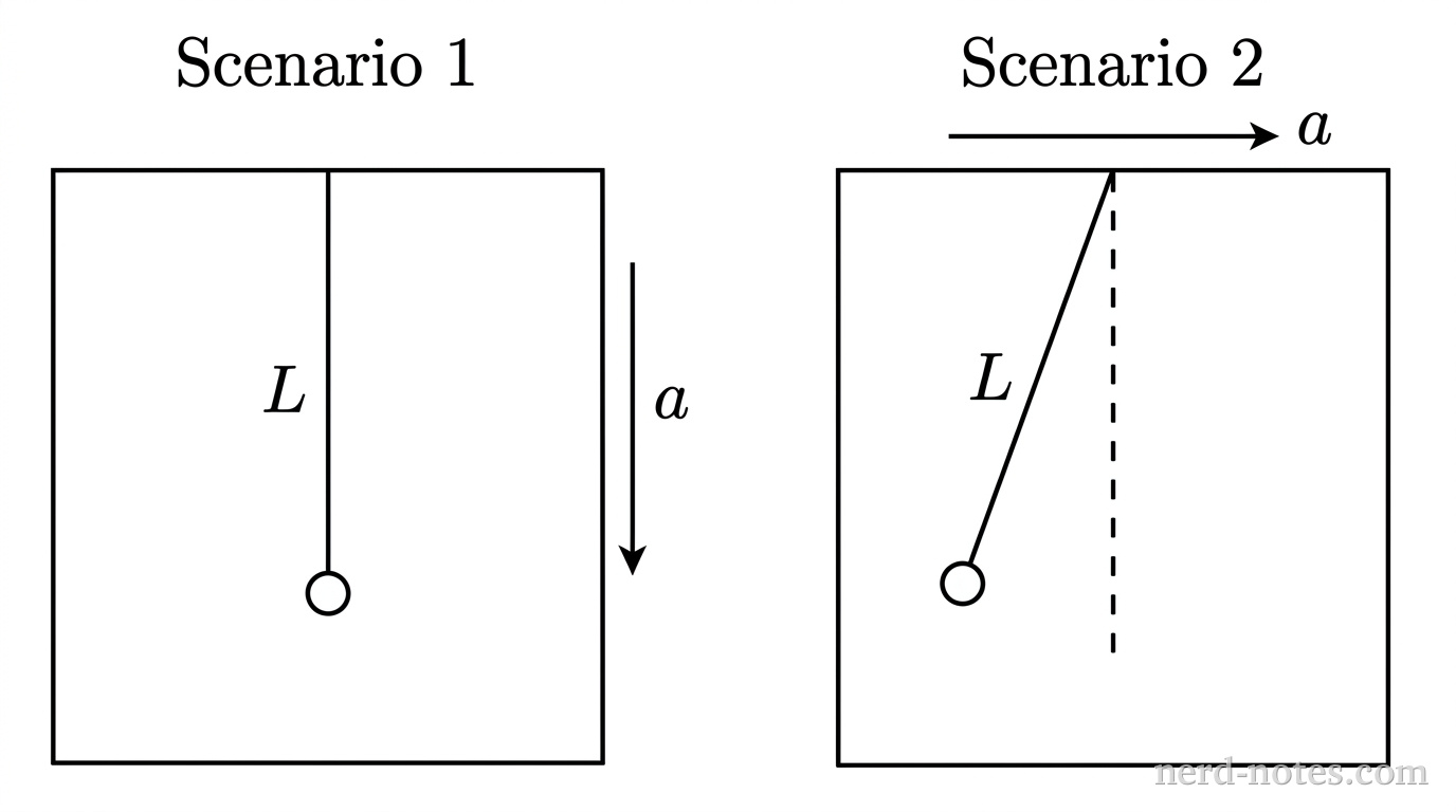 Two side-by-side rectangular enclosures labeled Scenario 1 and Scenario 2. In Scenario 1, an enclosure is shown with an arrow labeled a pointing vertically downward along its right outer edge. Inside, a simple pendulum hangs vertically from the ceiling with a straight line of length L ending in a small solid circle. In Scenario 2, an identical enclosure is shown with an arrow labeled a pointing horizontally to the right along its top outer edge. Inside, a vertical dashed reference line drops from the ceiling pivot, and the pendulum is shown displaced to the left at an angle from the dashed line, ending in an identical small solid circle. No other labels, lines, text, or axes appear.