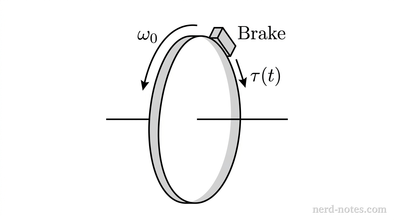 A perspective diagram showing a circular flywheel viewed at an angle as a thin shaded gray ellipse centered on a horizontal axle. The axle is represented by a solid horizontal line passing through the center of the ellipse. A curved arrow labeled \(\omega_0\) loops over the top edge of the ellipse pointing in the direction of rotation. Adjacent to the upper rim of the ellipse is a small shaded rectangular block labeled Brake. A small straight arrow labeled \(\tau(t)\) points along the rim opposite to the direction of \(\omega_0\). No other labels, lines, text, or axes appear.