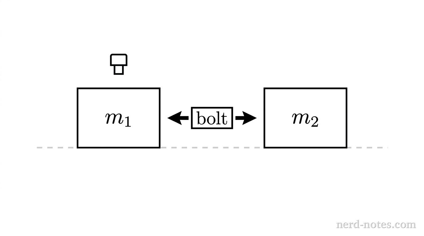 A schematic diagram showing two rectangular blocks on a horizontal surface representing a frictionless track. The left block is labeled m_1 and the right block is labeled m_2. Between the two blocks is a small rectangular mechanism labeled bolt with two small outward-pointing horizontal arrows on either side indicating separation. A horizontal dashed line below the blocks represents the track surface. Above block 1, a small sensor icon is depicted. No other labels, lines, text, or axes appear.