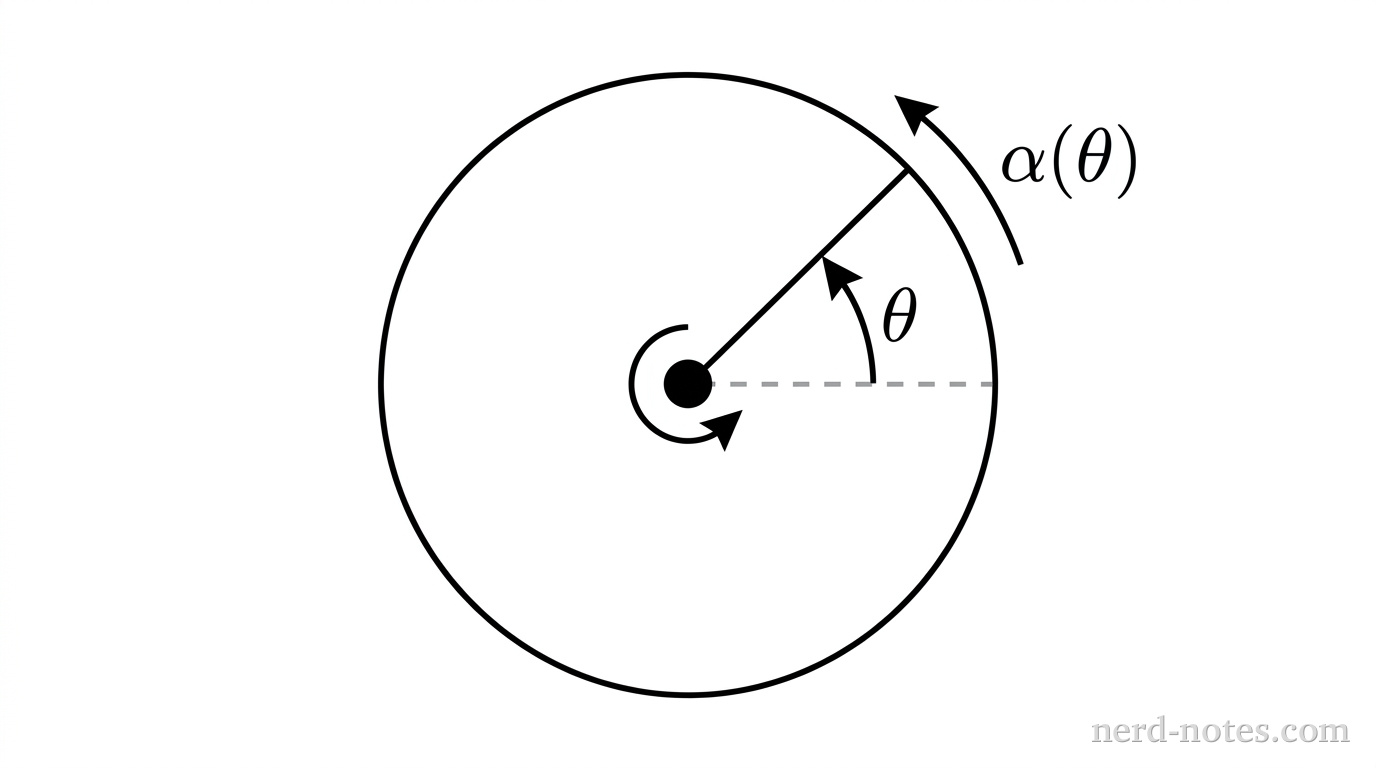 A circular disk of radius R is shown in a front view, centered on a small black circular axle. A horizontal dashed line extends radially to the right from the center of the axle to the outer rim of the disk, representing the initial angular position at zero radians. A solid radial line segment extends from the center of the axle upward and to the right at an acute angle to the outer rim. A curved, counterclockwise arrow spans from the horizontal dashed line to the solid radial line segment, labeled with the symbol \theta. A second curved counterclockwise arrow is positioned just outside the upper-right perimeter of the disk, labeled \alpha(\theta). A small curved arrow near the axle indicates the direction of rotation. No other labels, lines, text, or axes appear.
