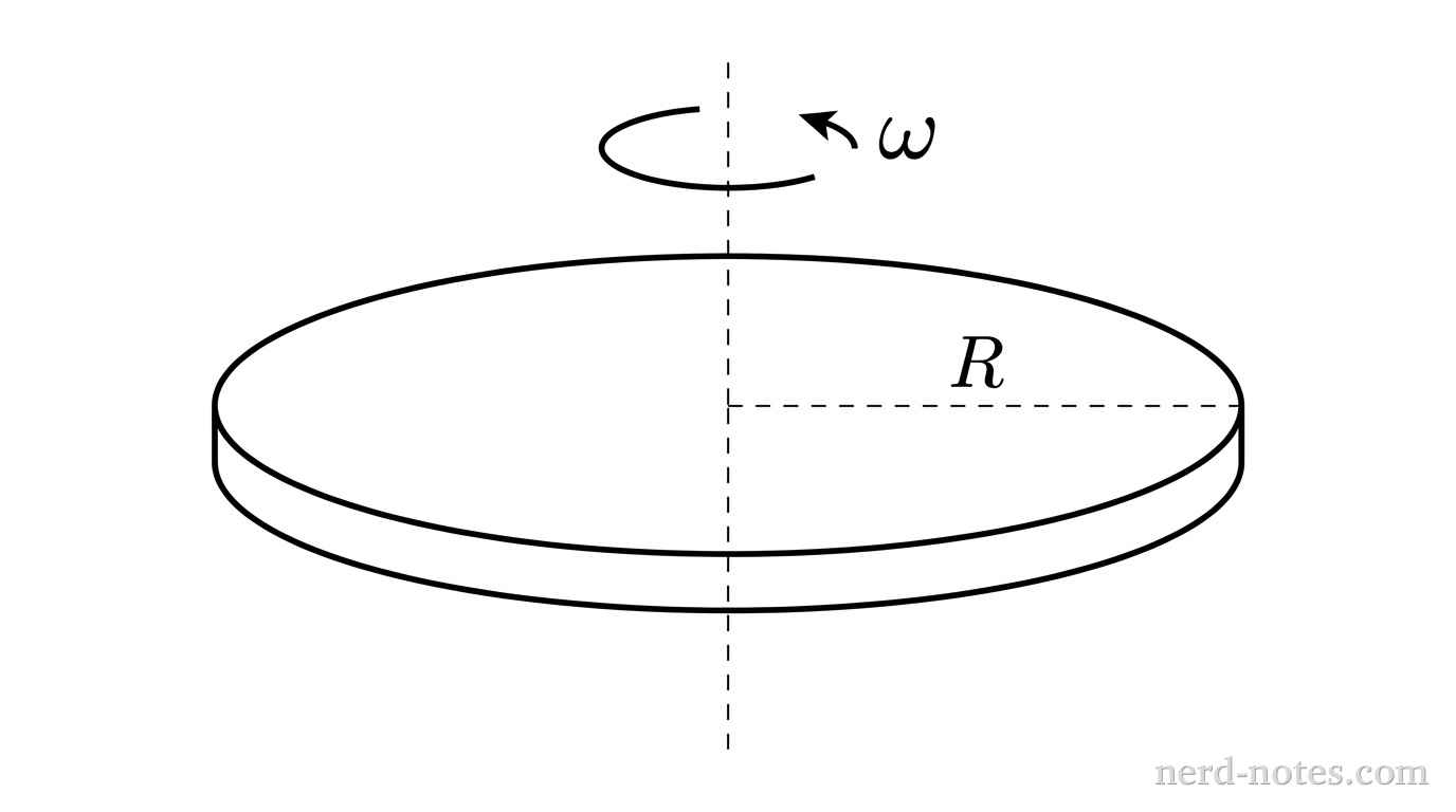 A thin solid circular disk of radius \(R\) and mass \(M\) drawn in perspective as a flat horizontal ellipse with a slight tilt. A vertical dashed line passes through the geometric center of the disk to represent a fixed axle of rotation, extending slightly above and below the disk. A straight dashed line segment is drawn from the center of the top face of the disk to the right edge, labeled with the variable \(R\). A curved arrow is drawn above the top surface of the disk, curving counterclockwise around the central vertical axis, labeled with the symbol \(\omega\). No other labels, lines, text, or axes appear.