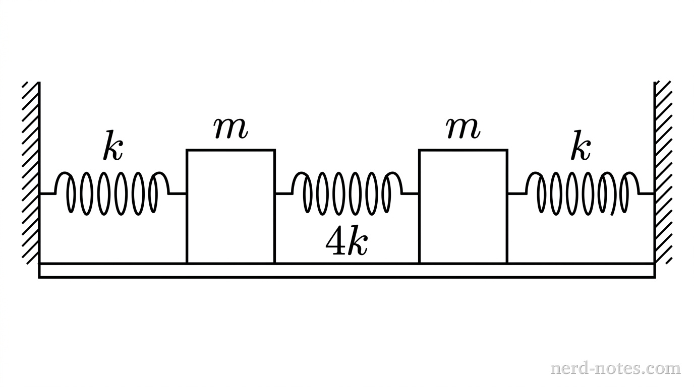 A schematic diagram showing a horizontal spring-mass system between two vertical walls. At the far left, a vertical hatched wall is fixed to a horizontal baseline. A horizontal coil spring labeled \(k\) extends to the right from the left wall to the left face of a rectangular block labeled \(m\). From the right face of this first block, a second horizontal coil spring labeled \(4k\) extends to the left face of an identical second rectangular block labeled \(m\). From the right face of the second block, a third horizontal coil spring labeled \(k\) extends to the right to attach to a second vertical hatched wall. Both blocks rest on the flat, horizontal surface represented by a solid horizontal line. No other labels, lines, text, or axes appear.