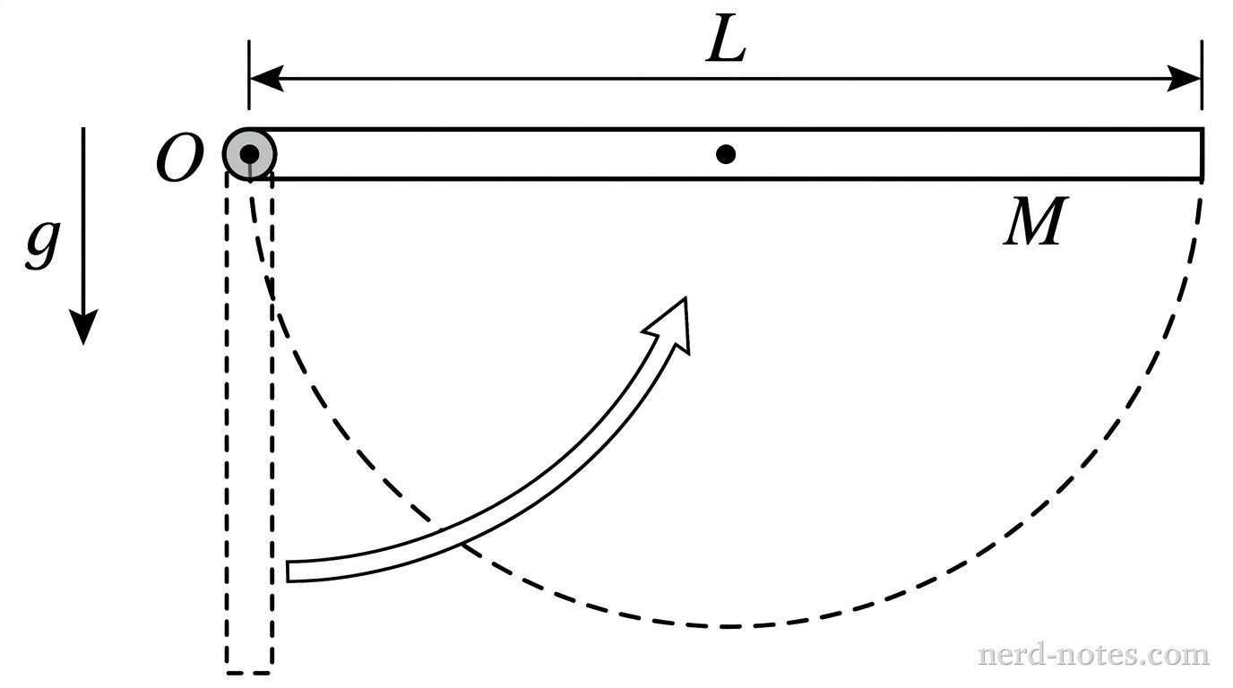 A schematic diagram showing a horizontal uniform thin rod of length \(L\) and mass \(M\). The left end of the rod is attached to a fixed pivot represented by a small shaded circular hinge labeled \(O\). A downward vertical arrow to the left of the pivot is labeled \(g\). The rod extends horizontally to the right from the pivot. A dashed circular arc curves downward and to the left from the right tip of the horizontal rod to a second, dashed outline of the rod hanging vertically downward from pivot \(O\). An open curved arrow along the dashed arc indicates the clockwise direction of swing. A horizontal dimension line spanning the top of the horizontal rod is labeled \(L\). A small black dot at the geometric center of the horizontal rod marks the center of mass. No other labels, lines, text, or axes appear.