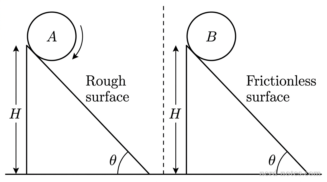 Two identical right-triangular wedges sit side by side on a horizontal ground line, each with an incline angle \(\theta\) at the lower right and a vertical left side of height \(H\). On the left incline, labeled Rough surface, a circular disk labeled A rests at the top of the ramp, with a small clockwise curved arrow around its center indicating rolling motion down the ramp. On the right incline, labeled Frictionless surface, an identical circular disk labeled B rests at the top of the ramp without any curved arrows. A vertical dashed line with double-headed dimension arrows indicates the vertical height \(H\) of each incline. An angle arc at the base of each incline is labeled \(\theta\). No other labels, lines, text, or axes appear.