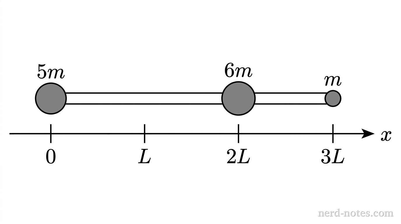 A horizontal axis line representing the x-axis is drawn horizontally across the frame with an arrowhead on the right end pointing to the right. Below the axis, four vertical tick marks are evenly spaced and labeled from left to right as 0, L, 2L, and 3L. A thin horizontal rectangular bar representing a rod of negligible mass rests along the axis, extending from coordinate 0 to 3L. Three solid gray filled circles representing point masses are centered on the rod: the first circle is at x = 0 with diameter approximately three times the rod thickness and is labeled 5m directly above it; the second circle is at x = 2L with diameter slightly larger than the first circle and is labeled 6m directly above it; the third circle is at x = 3L with diameter approximately one-third the first circle and is labeled m directly above it. No other labels, lines, text, or axes appear.