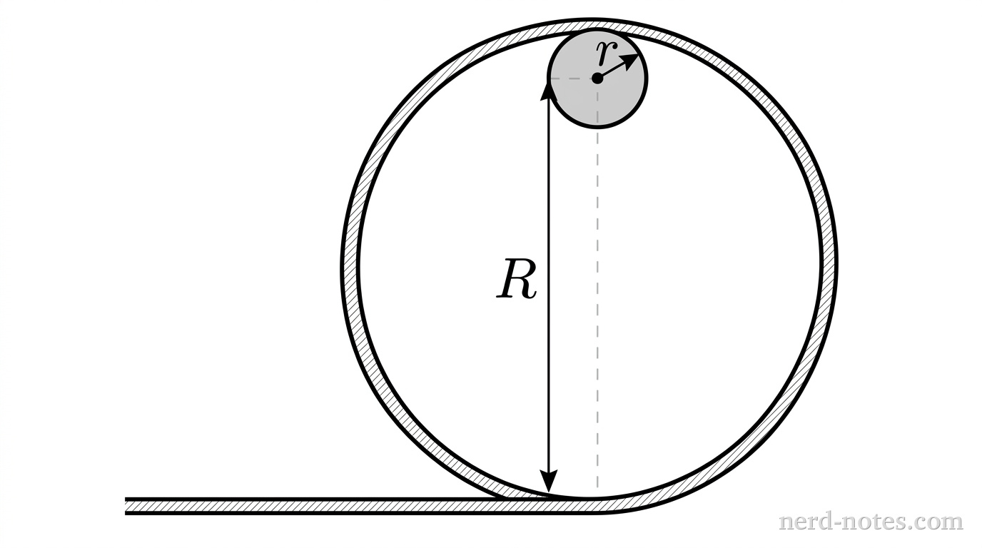 A vertical circular loop of a track is shown in cross section. At the bottom, a horizontal track line extends to the left, tangent to the loop. At the apex of the loop, on the inner surface of the track, sits a shaded circular disk representing a sphere. A dashed line extends from the center of the circular loop upward to the topmost point of the track's inner surface, labeled with a dimension arrow and the text \(R\). The sphere at the apex has a solid dot at its center, with a straight radial arrow extending from its center to its outer surface labeled \(r\). No other labels, lines, text, or axes appear.