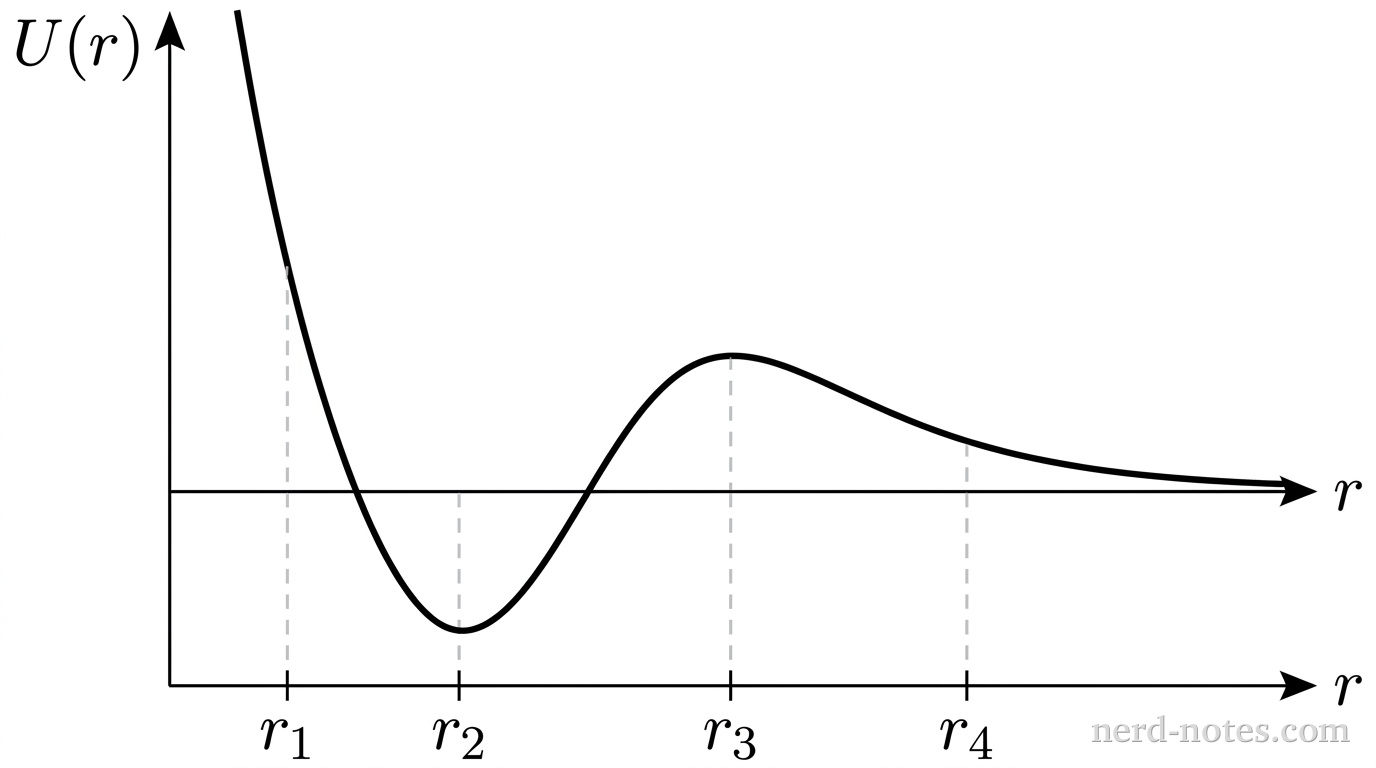 A Cartesian graph showing a single solid curve on axes labeled \(U(r)\) vertically and \(r\) horizontally. The horizontal axis represents \(U = 0\), with tick marks labeled \(r_1\), \(r_2\), \(r_3\), and \(r_4\) in order of increasing distance from the origin. The curve starts at a large positive value near the vertical axis, slopes downward steeply through the point corresponding to \(r_1\), and crosses the horizontal axis to reach a local minimum at \(r_2\). From \(r_2\), the curve rises with a positive slope, crosses above the horizontal axis, and reaches a rounded local maximum at \(r_3\). To the right of \(r_3\), the curve slopes downward through the point corresponding to \(r_4\) and approaches the horizontal axis asymptotically as \(r\) increases. Vertical dashed lines extend from each labeled tick mark on the horizontal axis up or down to the curve. No other labels, lines, text, or axes appear.