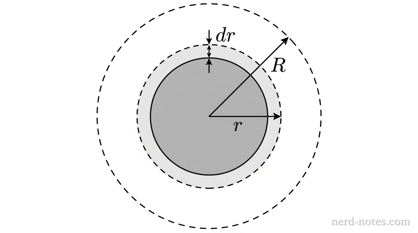 A concentric circular cross-section illustrating the assembly of a sphere. At the center is a solid gray circle of radius \(r\). Enclosing this inner circle is a thin ring of thickness \(dr\) with lighter gray shading and a dashed circular outer boundary. Surrounding both circles is a larger concentric dashed circle of radius \(R\). A horizontal solid arrow points rightward from the center to the edge of the inner solid circle, labeled \(r\). A second solid arrow points from the center upward and rightward at a 45-degree angle to the outer dashed circle, labeled \(R\). A short two-headed radial arrow spans the thickness of the thin ring, labeled \(dr\). No other labels, lines, text, or axes appear.