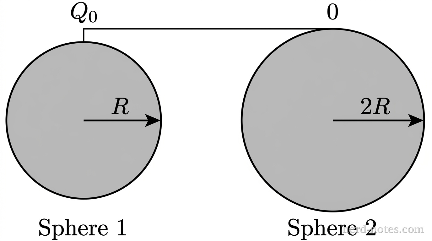 Two shaded gray circles representing spheres are positioned side by side along a horizontal line against a white background. The left circle has a radius labeled \(R\) indicated by a horizontal arrow from its center to its right edge, and is labeled Sphere 1. The right circle is twice as wide as the left circle, with a radius labeled \(2R\) indicated by a horizontal arrow from its center to its right edge, and is labeled Sphere 2. A single thin horizontal line connects the top edge of Sphere 1 to the top edge of Sphere 2, representing a connecting wire. Above Sphere 1, text indicates initial charge \(Q_0\). Above Sphere 2, text indicates initial charge 0. No other labels, lines, text, or axes appear.