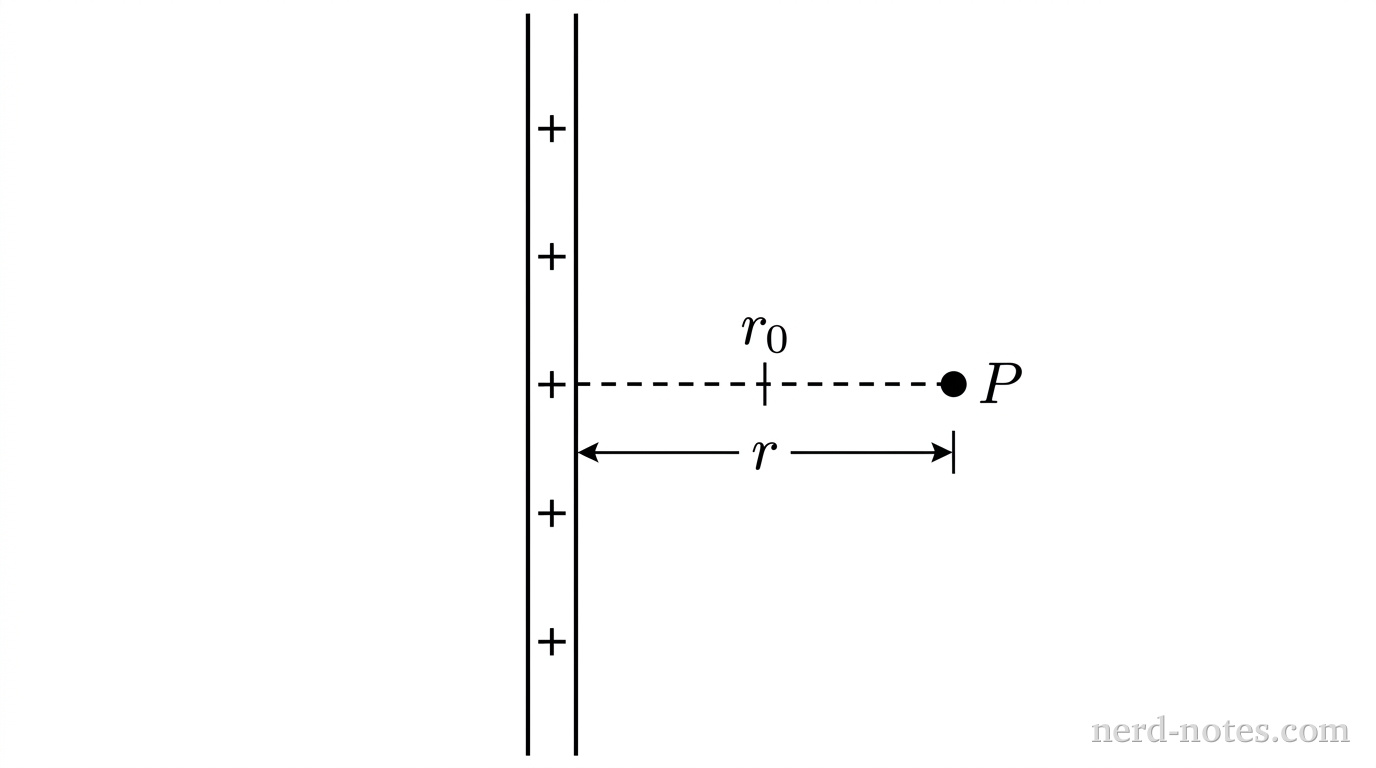 A vertical solid line representing a long wire is centered vertically and spans the height of the frame. Exactly four small plus signs are evenly spaced along the vertical line from top to bottom. A horizontal dashed line extends to the right from the midpoint of the vertical wire, terminating at a solid black dot labeled P. A short vertical tick mark intersects the horizontal dashed line between the wire and point P, labeled r_0 directly above the tick. A horizontal dimension line with arrowheads at both ends is positioned directly below the horizontal dashed line, extending from the vertical line to the coordinate of point P and labeled r at its center. No other labels, lines, text, or axes appear.