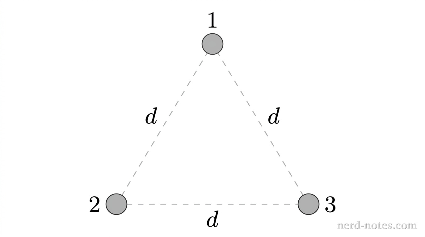 An equilateral triangle with a horizontal base and an apex pointing vertically upward, drawn with thin dashed lines. The side length of each of the three dashed line segments is labeled with a centered letter \(d\). At each of the three vertices sits a small shaded gray circular disk representing a particle with charge \(+q\). The top apex vertex is labeled 1 with text positioned just above the disk. The bottom-left vertex is labeled 2 with text positioned just to the left of the disk. The bottom-right vertex is labeled 3 with text positioned just to the right of the disk. No other labels, lines, text, or axes appear.