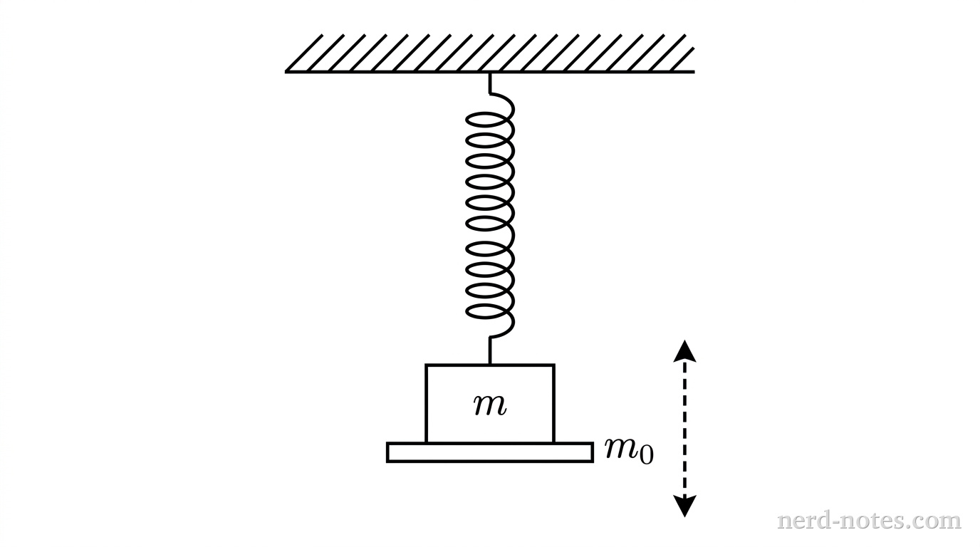 A horizontal hatched line at the top represents a rigid ceiling support. A single vertical coiled spring extends downward from the center of the support. The bottom of the spring attaches to the center of a small horizontal flat tray labeled m_0. A rectangular block labeled m rests on top of the tray. A vertical dashed line with two small arrowheads indicating up-and-down oscillation is positioned to the right of the tray. No other labels, lines, text, or axes appear.