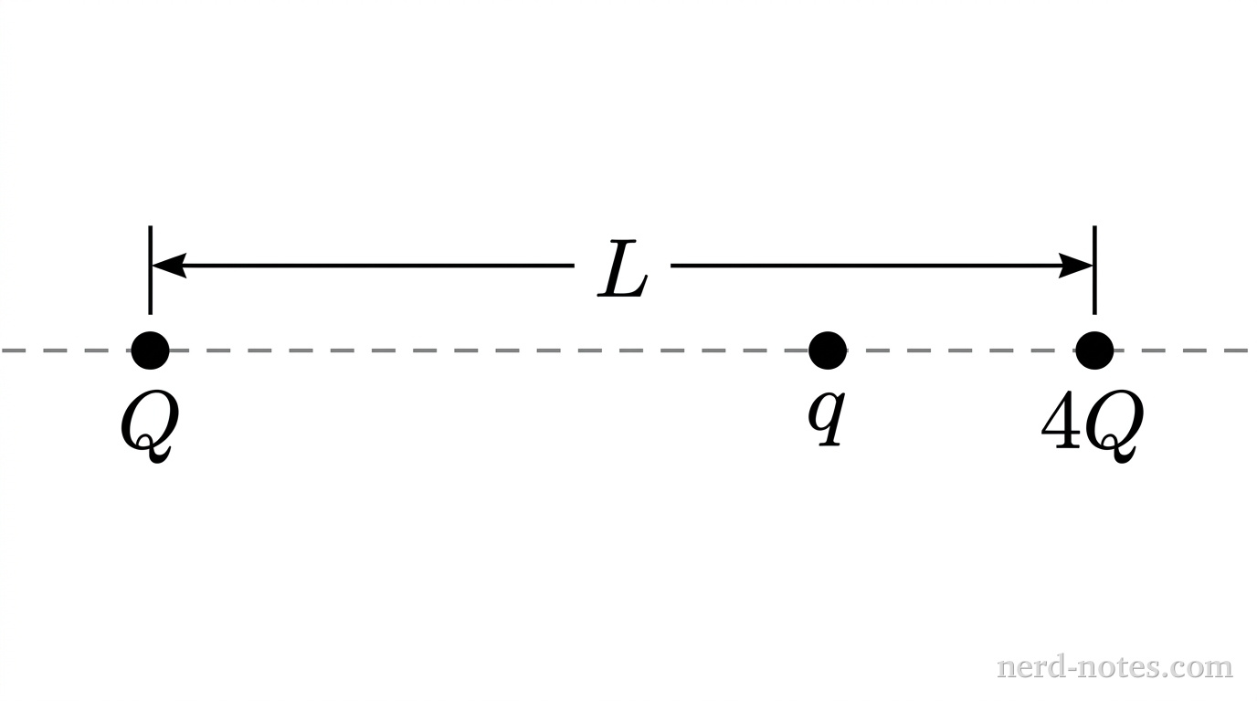 A horizontal dashed line represents the line along which three particles lie. On the far left of the line is a small solid black circle labeled +Q. On the far right is another small solid black circle labeled +4Q. A horizontal dimension line with arrows at both ends spans between the center of the particle labeled +Q and the center of the particle labeled +4Q, with the dimension labeled L. Between the two outer particles, a third small solid black circle is located on the dashed line and labeled q. No other labels, lines, text, or axes appear.