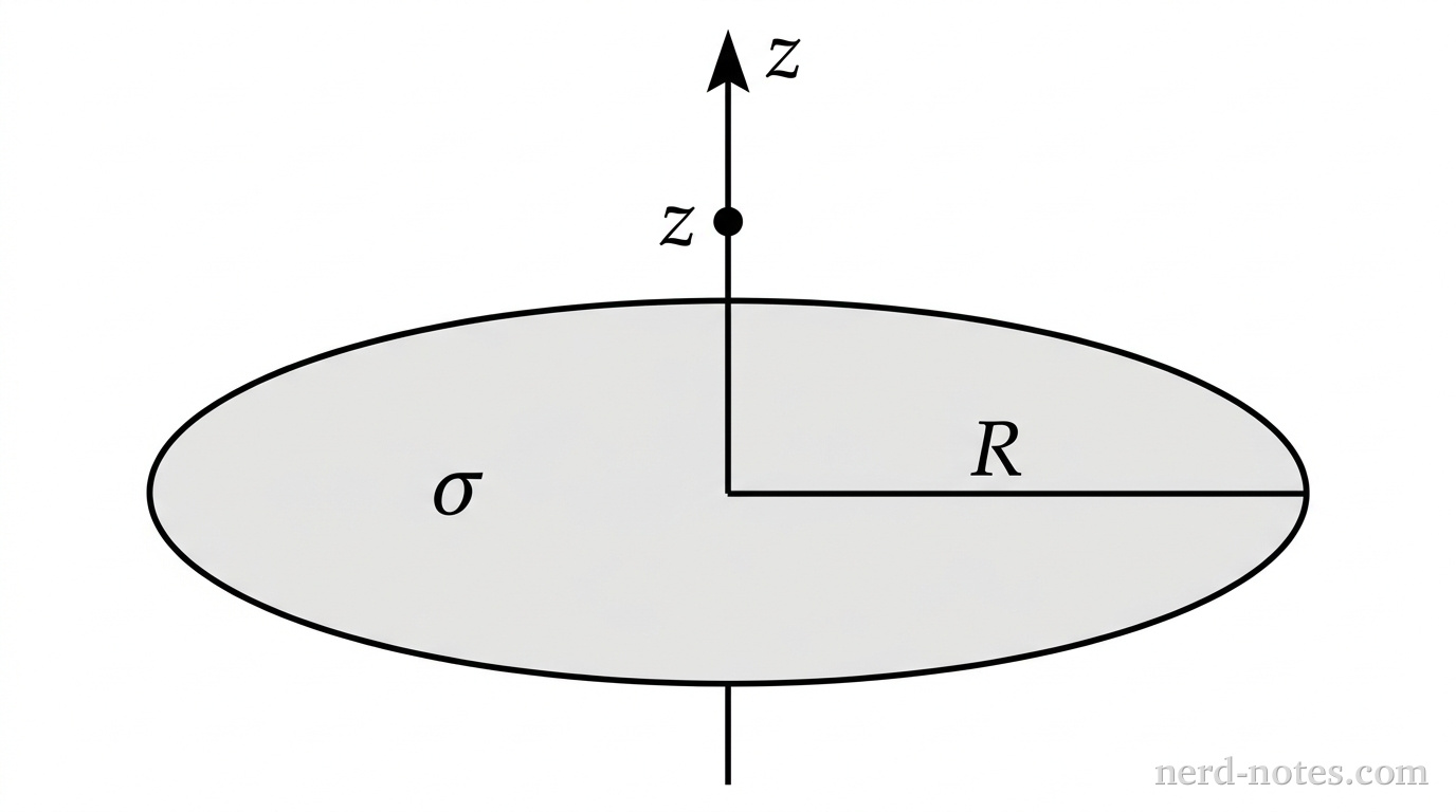 A flat ellipse viewed at a perspective tilt represents a circular disk centered at the origin in the horizontal plane. A shaded fill indicates uniform surface charge density, labeled with the symbol \(\sigma\) placed on the top surface of the disk. A straight solid line segment extends horizontally from the center of the disk to its right edge, labeled \(R\). A vertical solid line passes through the center of the disk, representing the \(z\)-axis, with an arrowhead at the top labeled \(z\). A solid dot is marked on the vertical axis above the center of the disk, labeled with a coordinate height \(z\). No other labels, lines, text, or axes appear.