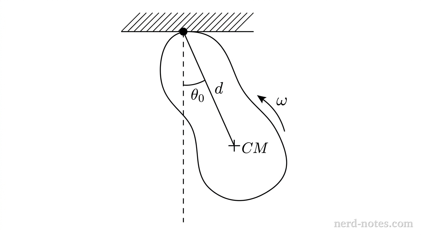 A grayscale schematic of a physical pendulum. A fixed horizontal ceiling is shown at the top with diagonal hatching. A frictionless pivot point is marked with a small solid circle attached to the ceiling. Hanging from the pivot is a smooth, irregular rigid body extending downward. A dashed vertical line extends downward from the pivot to represent the equilibrium position. A straight line connects the pivot to a crosshair marked CM inside the body, located at a distance labeled d from the pivot. The line of the pendulum is displaced to the right of the vertical by an angle labeled \theta_0. A curved directional arrow labeled \omega indicates angular velocity about the pivot. No other labels, lines, text, or axes appear.