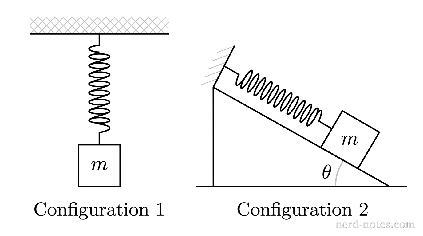 A grayscale diagram showing two side-by-side configurations labeled Configuration 1 and Configuration 2. On the left, Configuration 1 shows a horizontal ceiling cross-hatched above, from which a vertical helical spring hangs downward. A square block of mass labeled m is attached to the bottom of the spring. On the right, Configuration 2 shows a right-triangular incline resting on a flat horizontal surface. The incline rises from right to left at an angle labeled \theta relative to the horizontal. A rigid support is perpendicular to the top of the incline. Attached to this support is a helical spring aligned parallel to the incline surface. A square block of mass labeled m is attached to the lower end of this spring, resting on the smooth incline. No other labels, lines, text, or axes appear.