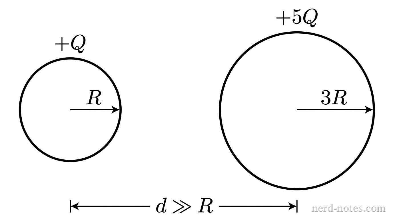 Two circular outlines representing conducting spheres are positioned horizontally on a white background, separated by open space. The left circle, representing Sphere 1, has a smaller radius with a horizontal line segment from its center to its perimeter labeled \(R\), and the text label \(+Q\) positioned directly above the sphere. The right circle, representing Sphere 2, is three times the diameter of the first circle, with a horizontal line segment from its center to its perimeter labeled \(3R\), and the text label \(+5Q\) positioned directly above the sphere. A horizontal dimension line between the bottom centers of the two spheres is labeled \(d \gg R\). No other labels, lines, text, or axes appear.