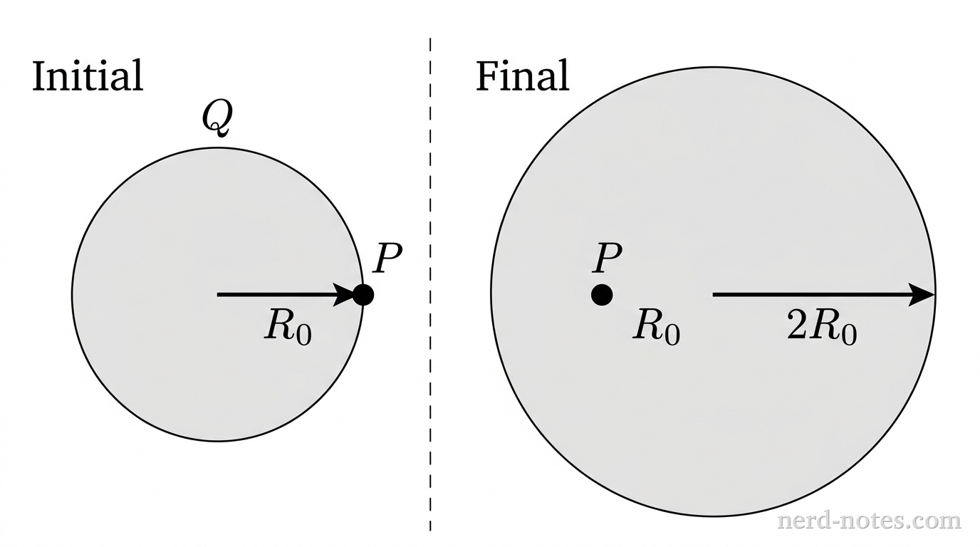 Two side-by-side circular diagrams. On the left, labeled Initial, a light-gray shaded circle of radius 2.0 cm is centered on a point. A horizontal solid arrow extends from the center to the right edge of the circle and is labeled \(R_0\). A filled black dot labeled \(P\) lies on the right edge of the circle at distance \(R_0\) from the center. The label \(Q\) is positioned above the circle. On the right, labeled Final, a larger concentric light-gray shaded circle of radius 4.0 cm is centered on a point. A horizontal solid arrow extends from the center to the right edge and is labeled \(2R_0\). A filled black dot labeled \(P\) is located at distance \(R_0\) from the center, positioned inside the shaded circle halfway along the radius. A thin dashed vertical reference line aligns point \(P\) between the two diagrams. No other labels, lines, text, or axes appear.