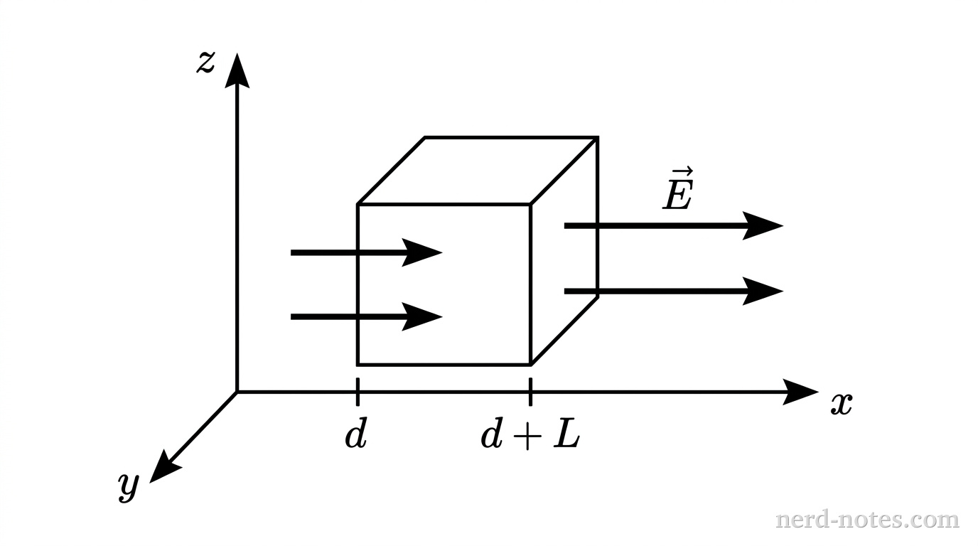 A three-dimensional Cartesian coordinate system with axes labeled x, y, and z. The horizontal axis extending to the right is x, the vertical axis extending upward is z, and the axis extending forward and to the left is y. A cube with edge length L is positioned with its edges parallel to the three axes. The front-left-bottom corner of the cube is at position x = d along the x-axis, and its opposite face along x is at position x = d + L. Four horizontal arrows pointing in the positive x-direction represent the electric field: two shorter horizontal arrows of equal length penetrate the face at x = d, and two longer horizontal arrows of equal length emerge from the face at x = d + L. The label \vec{E} appears above the longer arrows. Tick marks on the x-axis are labeled d and d + L. No other labels, lines, text, or axes appear.
