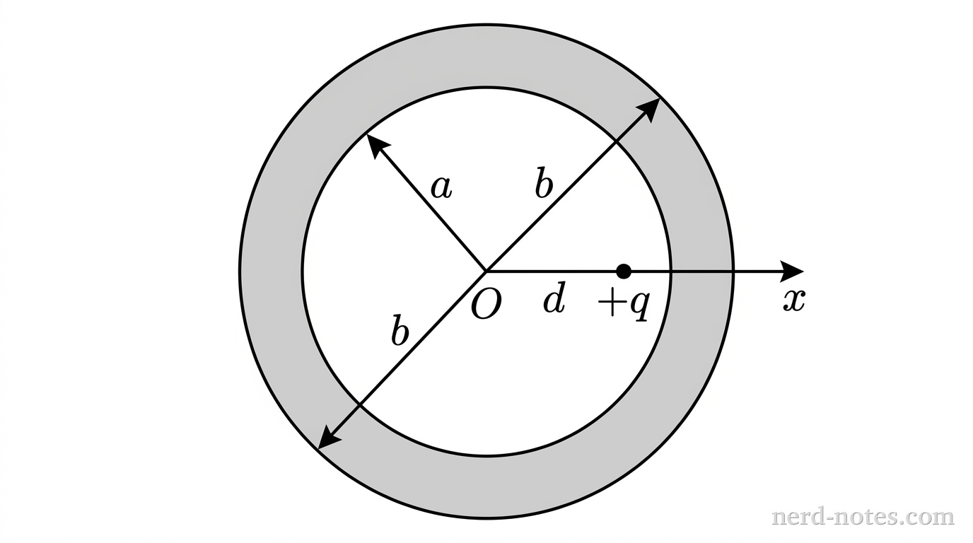 Cross-sectional view in the xy-plane of a thick spherical shell centered at the origin labeled O. The inner boundary is a circle of radius a and the outer boundary is a concentric circle of radius b. The solid region between the circles represents the conducting shell and is filled with light gray shading. A horizontal coordinate axis labeled x passes through the center O. Along the positive x-axis inside the inner circle, a small solid black dot is located at position d and labeled +q. Dimension arrows indicate inner radius a from the origin to the inner circle and outer radius b from the origin to the outer circle. No other labels, lines, text, or axes appear.