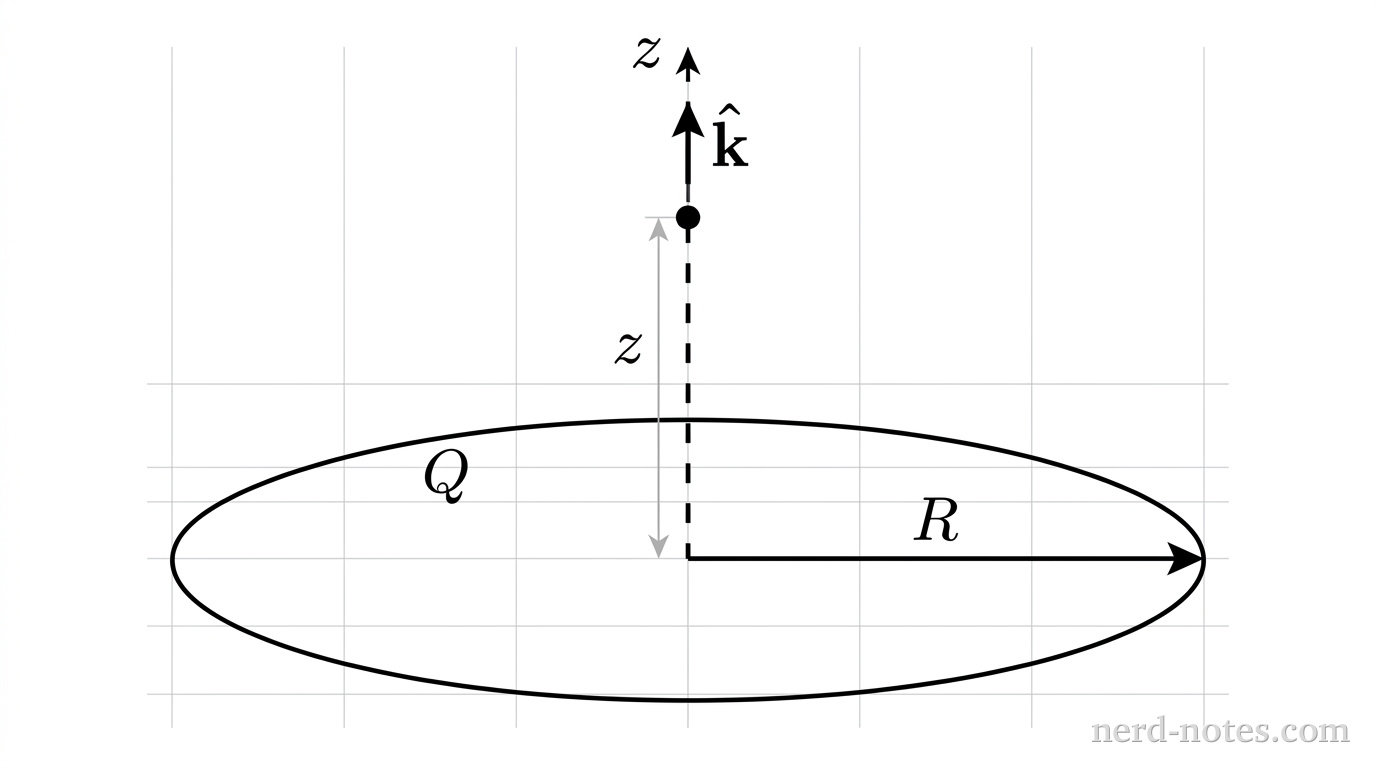 A horizontal flat ellipse centered at the origin represents a circular ring of radius \(R\) lying in the horizontal plane, labeled \(Q\). A vertical dashed coordinate axis labeled \(z\) extends upward through the center of the ring. A solid dot is marked on the vertical axis at a height labeled \(z\) above the center of the ring. A single straight arrow labeled \(R\) extends horizontally from the center of the ring to the perimeter of the ellipse. A unit vector arrow labeled \(\hat{k}\) points vertically upward along the \(z\)-axis. No other labels, lines, text, or axes appear.
