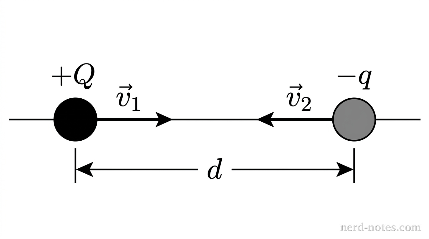 A horizontal line represents the axis of motion. On the left side of the line, a solid black circle is labeled \(+Q\) and has a horizontal arrow pointing to the right labeled \(\vec{v}_1\). On the right side of the line, a solid gray circle is labeled \(-q\) and has a horizontal arrow pointing to the left labeled \(\vec{v}_2\). A horizontal dimension line with arrows at both ends spans between the vertical centers of the two circles and is labeled \(d\). No other labels, lines, text, or axes appear.