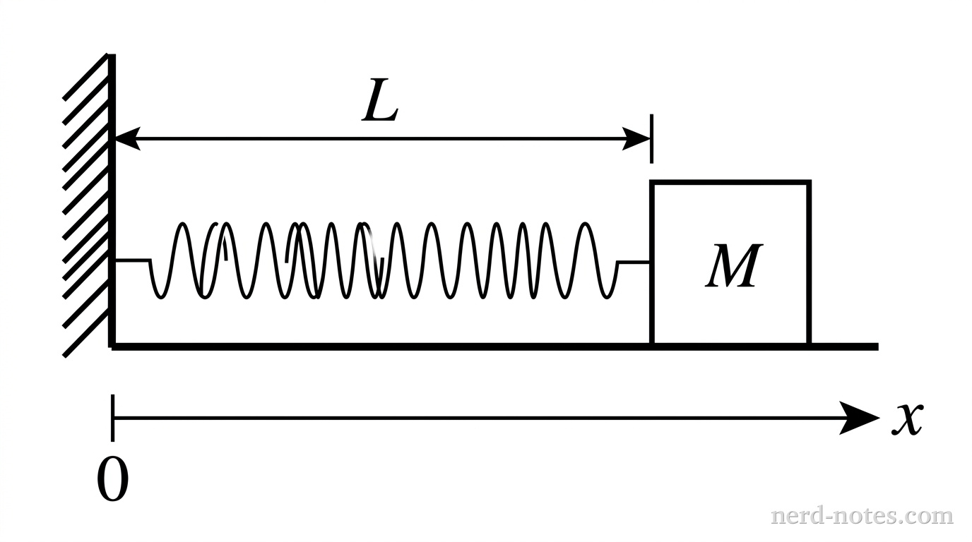A horizontal spring-mass system resting on a horizontal surface. On the left is a vertical wall shown with diagonal hash marks along its left boundary. A horizontal helical spring extends from the wall to a square block of mass \(M\) on the right. The block rests on a horizontal line representing a frictionless floor. Above the spring, a horizontal double-headed dimension arrow spans the full length of the spring from the vertical wall to the left face of the block, labeled \(L\). A horizontal axis below the floor has an origin tick labeled 0 at the wall and points to the right with an arrow labeled \(x\). No other labels, lines, text, or axes appear.