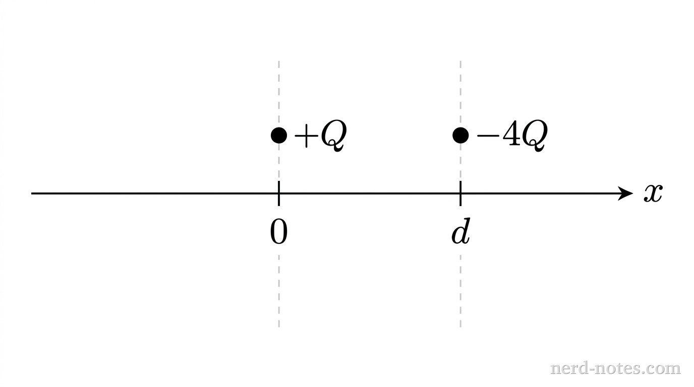 A single horizontal axis line extends from left to right with an arrowhead at the right end labeled x. Two tick marks are positioned along the line: one at the center labeled 0, and one to the right labeled d. Directly above the tick mark at 0 sits a small filled circle labeled +Q. Directly above the tick mark at d sits an identical small filled circle labeled -4Q. A dashed vertical reference line passes through the tick mark at 0, and a second dashed vertical reference line passes through the tick mark at d. No other labels, lines, text, or axes appear.