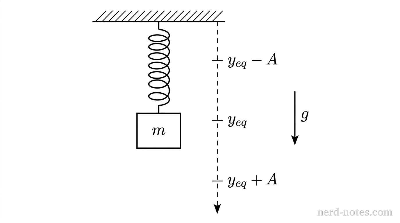 A vertical diagram showing an ideal spring and block suspended from a rigid horizontal ceiling. At the top, a horizontal ceiling is drawn with hatched lines above it. Suspended from the ceiling is a vertical helical spring attached at its bottom end to a rectangular block of mass \(m\). To the right of the spring-mass system, a vertical dashed reference axis is oriented downward. Three horizontal dashed tick marks on this axis indicate positions: the uppermost tick mark is labeled \(y_{eq} - A\), the middle tick mark is labeled \(y_{eq}\), and the lowest tick mark is labeled \(y_{eq} + A\). A downward arrow next to the axis is labeled \(g\). The block is shown centered at the middle tick mark \(y_{eq}\). No other labels, lines, text, or axes appear.