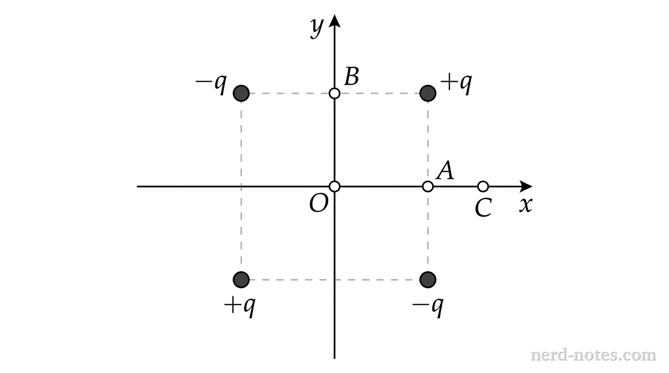 A coordinate plane with a horizontal x-axis and vertical y-axis intersecting at an origin labeled O. A square with sides parallel to the axes is centered at the origin, with side length 2a. At each of the four corners sits a small shaded circle representing a point charge: the upper-right corner at (a, a) is labeled +q, the upper-left corner at (-a, a) is labeled -q, the lower-left corner at (-a, -a) is labeled +q, and the lower-right corner at (a, -a) is labeled -q. Four test locations are marked with open circles: point O at the origin (0, 0), point A at the midpoint of the right edge at (a, 0), point B at the midpoint of the top edge at (0, a), and point C along the positive x-axis at (2a, 0). Dashed lines connect the four corner charges to delineate the square perimeter. No other labels, lines, text, or axes appear.