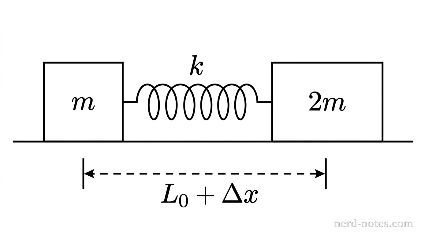 A side-view diagram of two rectangular blocks on a horizontal surface. A horizontal solid line at the bottom represents the frictionless surface. Resting on the surface on the left is a square block labeled m. Resting on the surface on the right is a wider rectangular block labeled 2m, having the same height as the left block but twice the width. Connecting the right vertical face of block m to the left vertical face of block 2m is a horizontal coiled line representing an ideal spring labeled k with exactly six coils. Below the surface, a horizontal dashed line is bounded by two vertical tick marks aligned with the inner faces of the blocks, with a double-headed horizontal arrow between the tick marks labeled L_0 + \Delta x. No other labels, lines, text, or axes appear.