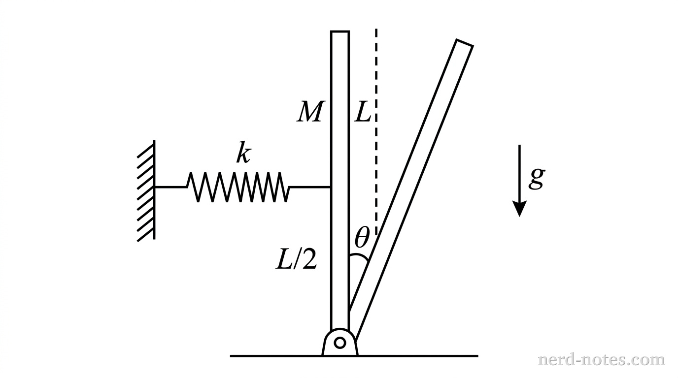A schematic diagram showing a vertical uniform rod of length \(L\) and mass \(M\) pivoted at its lower end by a small circular hinge anchored to a horizontal surface. A horizontal ideal spring with force constant \(k\) is attached to the midpoint of the rod, a distance \(L/2\) above the hinge, and extends horizontally to the left to anchor against a fixed vertical wall with hatching. A vertical dashed line indicates the equilibrium position of the rod. A second, identical rod is drawn tilted slightly to the right by an angle \(\theta\) relative to the vertical dashed line, with an arc labeled \(\theta\) between them near the bottom pivot. An arrow labeled \(g\) points vertically downward to indicate gravitational acceleration. No other labels, lines, text, or axes appear.