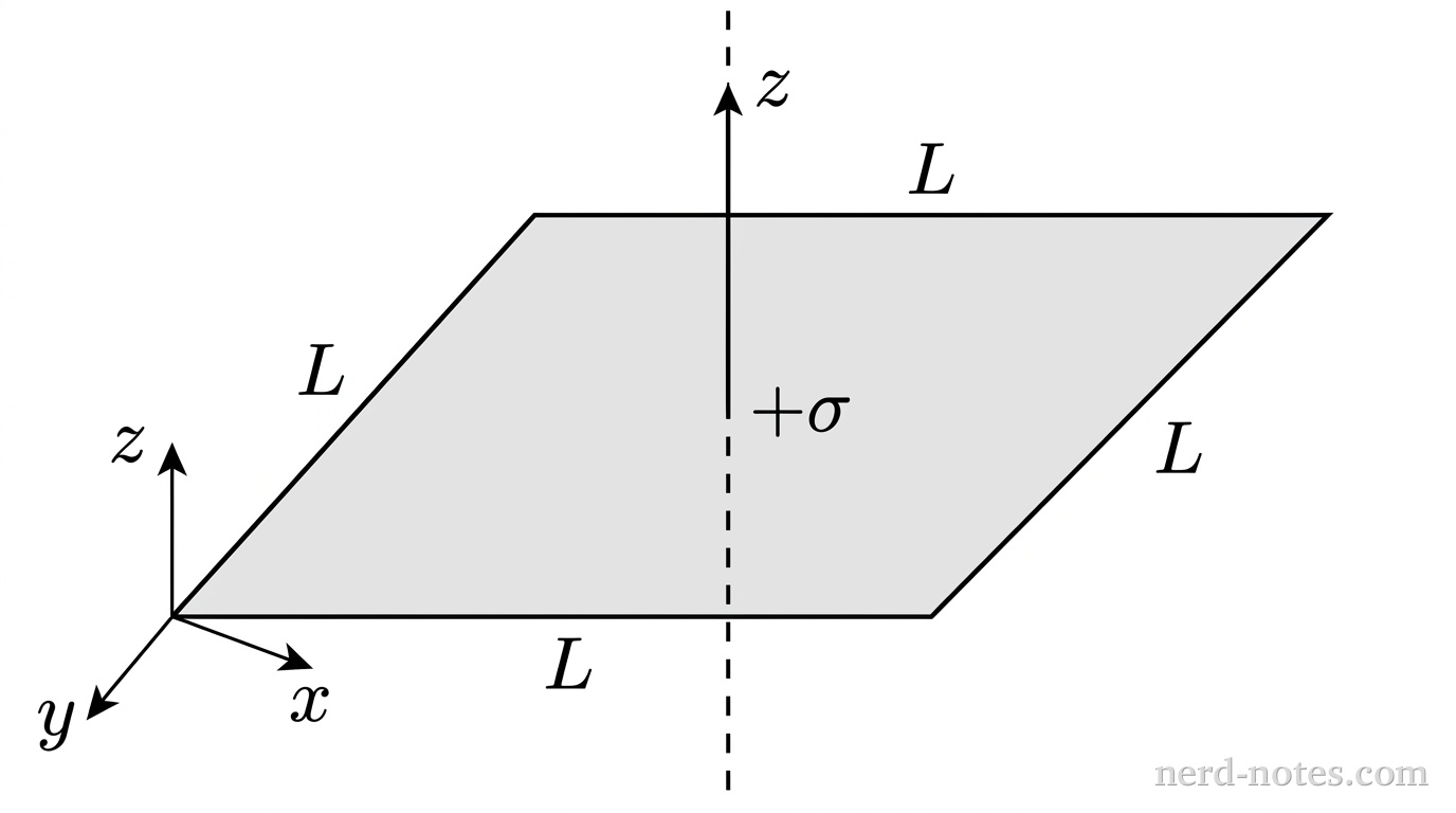 A perspective view of a flat square sheet lying horizontally in an oblique projection. The square sheet is shaded light gray with four straight outer edges, each of length labeled \(L\). At the center of the top face of the sheet is a label \(+\sigma\). A vertical dashed centerline passes perpendicularly through the geometric center of the sheet, extending upward and downward. A single straight arrow labeled \(z\) points vertically upward along this centerline from the center of the sheet. At the bottom-left corner of the sheet, a set of Cartesian coordinate axes shows a horizontal axis pointing right labeled \(x\), an oblique axis pointing forward-left labeled \(y\), and a vertical axis pointing upward labeled \(z\). No other labels, lines, text, or axes appear.