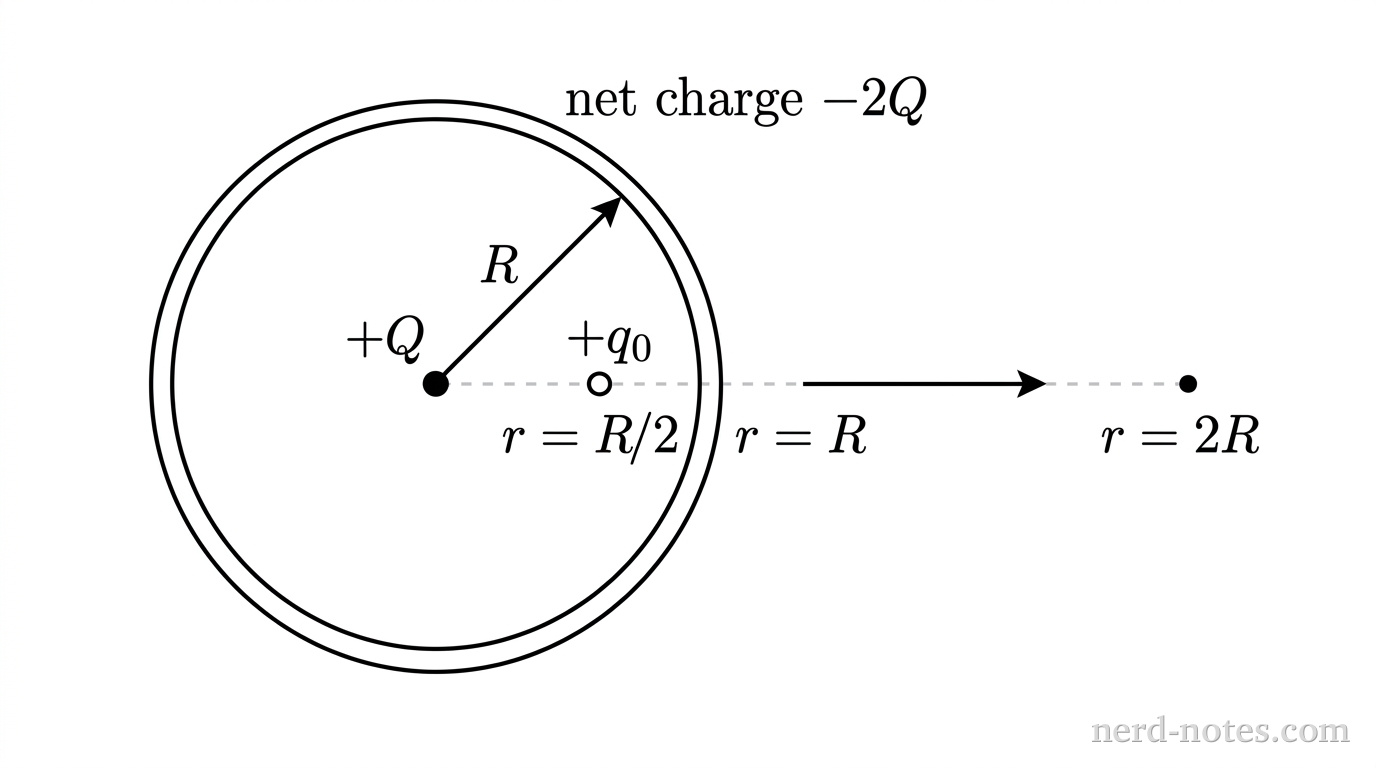 A cross-sectional diagram showing a central small filled circle labeled +Q at the center of a thin circular ring of radius R. A radial dashed line extends horizontally to the right from the center past the ring. On this dashed line, three positions are indicated: a point at r = R/2 labeled with a small open circle and +q_0, the intersection with the ring at r = R, and a point at r = 2R marked with a small dot. A single horizontal arrow points to the right from r = R/2 toward r = 2R. The ring is labeled with net charge -2Q near its top edge. A radial arrow points from the center toward the upper-right at 45 degrees to the ring with label R. No other labels, lines, text, or axes appear.