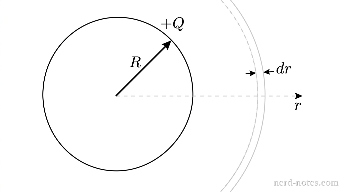 A cross-sectional diagram showing a thin spherical shell centered at the origin. A circle of radius R is drawn with a solid line, labeled +Q on its upper boundary. A straight arrow extends from the center of the circle to the shell boundary at an angle of 45 degrees above the horizontal, labeled with the variable R. A horizontal dashed ray extends from the center of the shell to the right, labeled r at its arrow tip. At a radial distance greater than R, a thin concentric circular band of radius r and thickness dr is indicated with dashed boundaries. No other labels, lines, text, or axes appear.