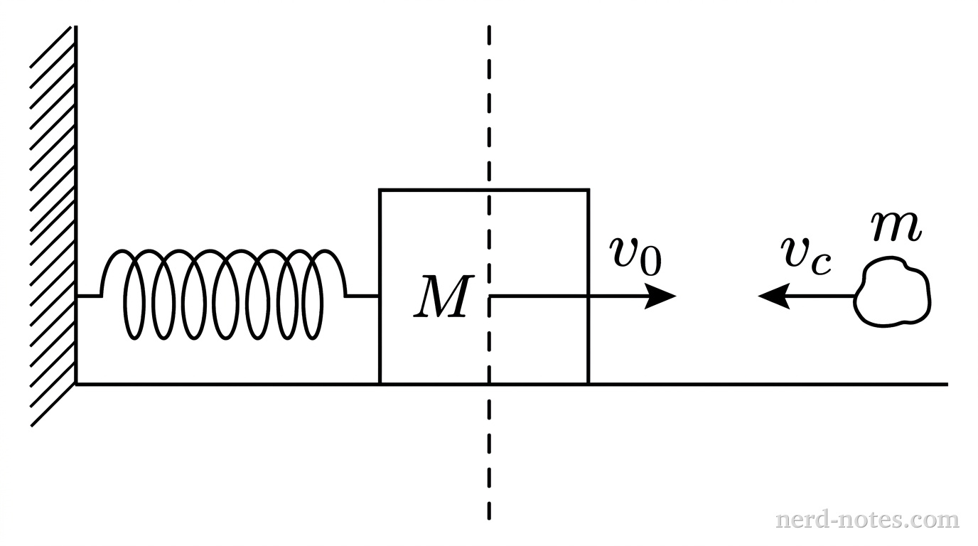 A schematic diagram showing a horizontal frictionless surface bounded by a vertical wall on the left. An ideal horizontal coiled spring is attached to the wall and extends to the right, connected to a rectangular block labeled M. A horizontal rightward arrow labeled v_0 originates from the center of the block. To the right of the block, a small rounded lump of clay labeled m is shown in midair just above the surface, with a horizontal leftward arrow labeled v_c directed toward the block. A vertical dashed line indicates the equilibrium position of the spring-block system passing through the center of block M. No other labels, lines, text, or axes appear.