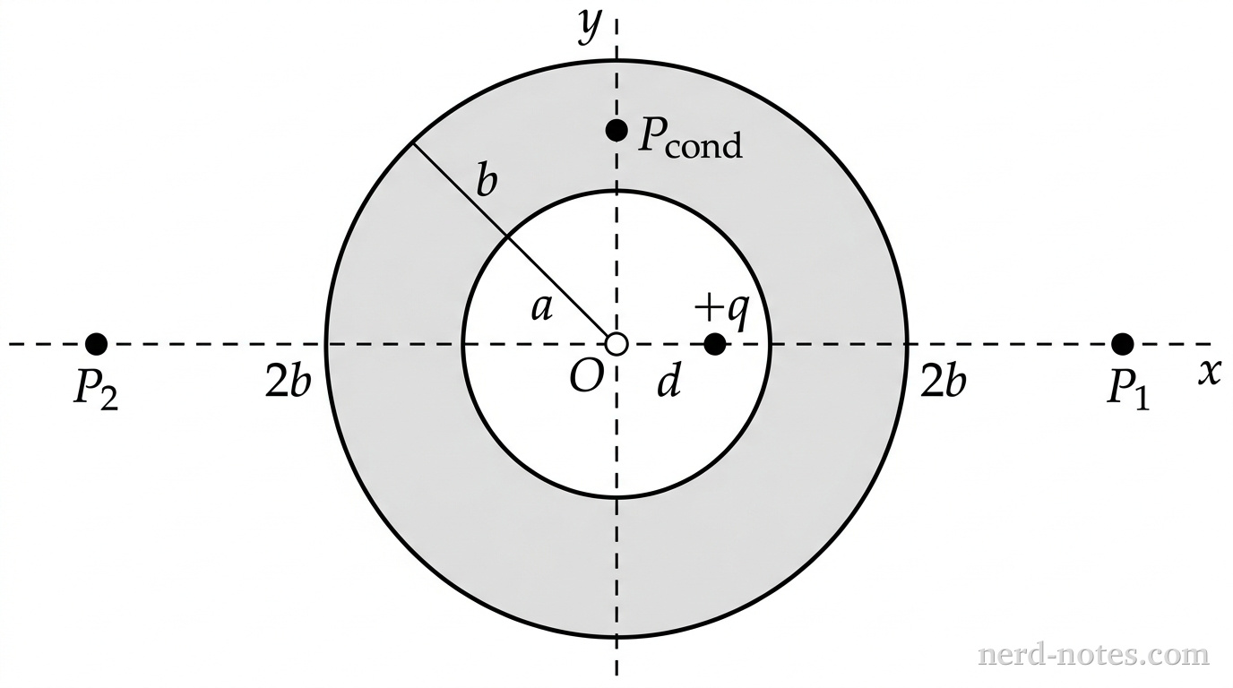 A cross-sectional view in the xy-plane showing a spherical conducting shell centered at origin O. A horizontal dashed line represents the x-axis and a vertical dashed line represents the y-axis, intersecting at O. An inner circle of radius a and an outer concentric circle of radius b are both centered at O, with the region between them filled with light gray shading to represent the conducting material. On the positive x-axis inside the cavity at distance d from O, a solid black dot is labeled +q. On the positive y-axis within the shaded region at radius (a+b)/2, a solid black dot is labeled P_{\text{cond}}. On the positive x-axis outside the shell at distance 2b from O, a solid black dot is labeled P_1. On the negative x-axis outside the shell at distance 2b from O, a solid black dot is labeled P_2. No other labels, lines, text, or axes appear.