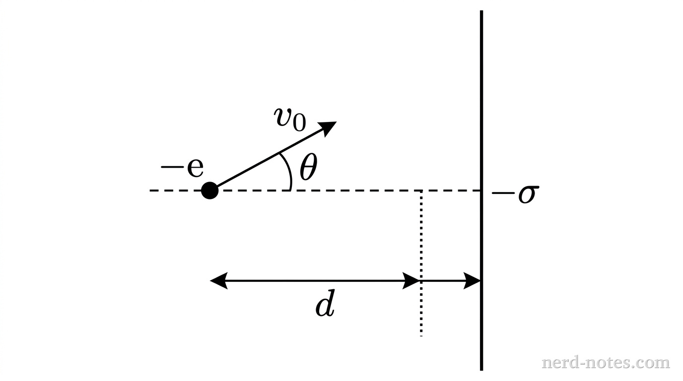 A vertical line represents a large flat plate positioned on the right side of the diagram, labeled -\sigma. To the left of the plate, a horizontal dashed line represents the normal axis perpendicular to the plate. A small solid circle representing an electron is located on the normal axis at a distance to the left of the plate, labeled -e. An arrow labeled v_0 originates from the electron and points toward the upper-right toward the plate. An arc indicates the angle \theta between the horizontal normal axis and the arrow v_0. A horizontal double-headed arrow below the dashed line extends from the electron's position to a vertical dotted line closer to the plate, labeled d. No other labels, lines, text, or axes appear.