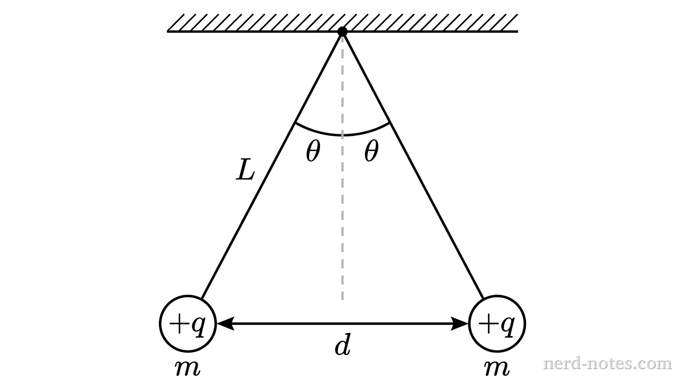 A horizontal ceiling line at the top with a single pivot point at the center. A vertical dashed line extends downward from the pivot. Two solid straight lines of equal length represent strings suspended from the pivot, symmetrically angled on either side of the vertical dashed line. A curved arc indicates angle \(\theta\) between each string and the central vertical line. The left string is labeled \(L\). At the bottom end of each string is a small solid circle representing a sphere, each labeled with charge \(+q\) and mass \(m\). A horizontal double-headed arrow spans between the centers of the two spheres and is labeled \(d\). No other labels, lines, text, or axes appear.