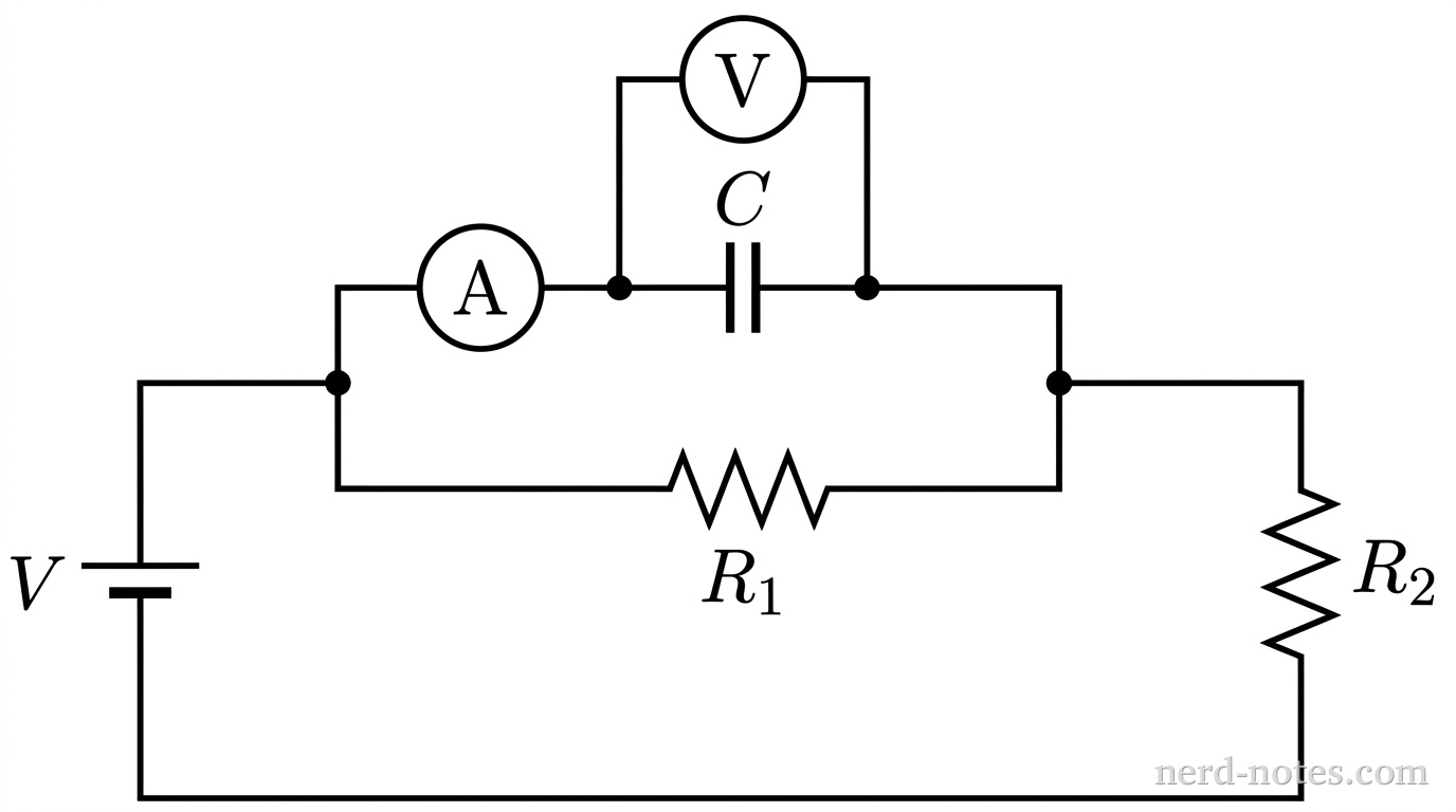 A circuit diagram drawn in black lines on a white background. On the far left, a vertical branch contains a DC voltage source labeled V. A horizontal wire extends to the right from the top terminal and splits into two parallel horizontal paths. The upper horizontal path contains a circle with the letter A inside, connected in series with two parallel vertical line segments representing a capacitor labeled C. Two wire leads branch from either side of the capacitor to a circle with the letter V inside, positioned above the capacitor. The lower horizontal path contains a zigzag symbol representing a resistor labeled R_1. The two paths rejoin at a node on the right, which connects to a second resistor labeled R_2 before returning via a horizontal wire to the bottom terminal of the voltage source. No other labels, lines, text, or axes appear.
