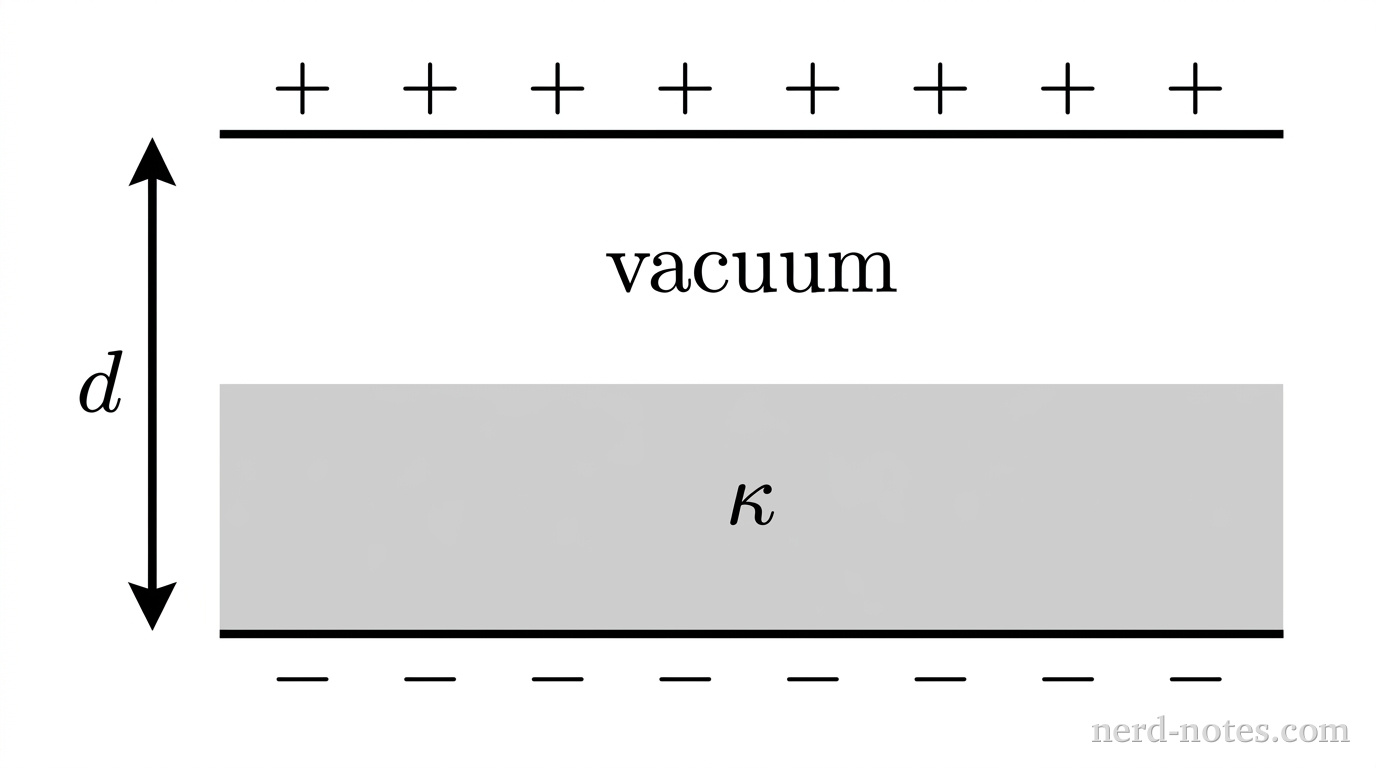 Two horizontal parallel lines represent capacitor plates, one at the top labeled with positive signs and one at the bottom labeled with negative signs. Between the plates, a horizontal rectangular region in the lower half is filled with light gray shading and labeled with the symbol \kappa. The remaining upper half between the shaded region and the top plate is unshaded white space labeled vacuum. A vertical dimension arrow on the left spans between the two plates and is labeled d. No other labels, lines, text, or axes appear.