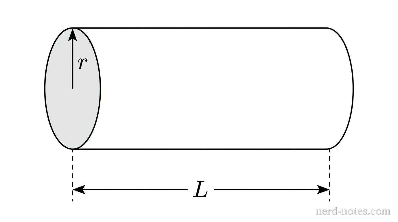 A single horizontal cylindrical wire viewed in perspective from the front and slightly above. The left end is drawn as a complete vertical ellipse representing the circular cross-sectional face of the wire, with light gray shading. From the center of this left elliptical face, a single solid straight arrow points vertically upward to the top edge of the ellipse, labeled r. The cylindrical body extends horizontally to the right, terminating at a parallel elliptical curved edge. Directly beneath the cylinder, two vertical dashed extension lines drop from the left and right endpoints. A horizontal line with arrowheads at both ends spans between these extension lines and is labeled L. No other labels, lines, text, or axes appear.
